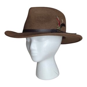 Scala Outback Pecan Wool Fedora Hat M Crushable Water Repellent Feather Unisex